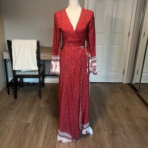 Wink Gal Bohemian Red Long Bell Sleeve Wrap Maxi Dress - Size S